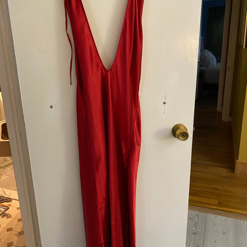 Victoria's Secret Red Maxi Satin Halter Plunging Back Nightgown Slip Dress - S